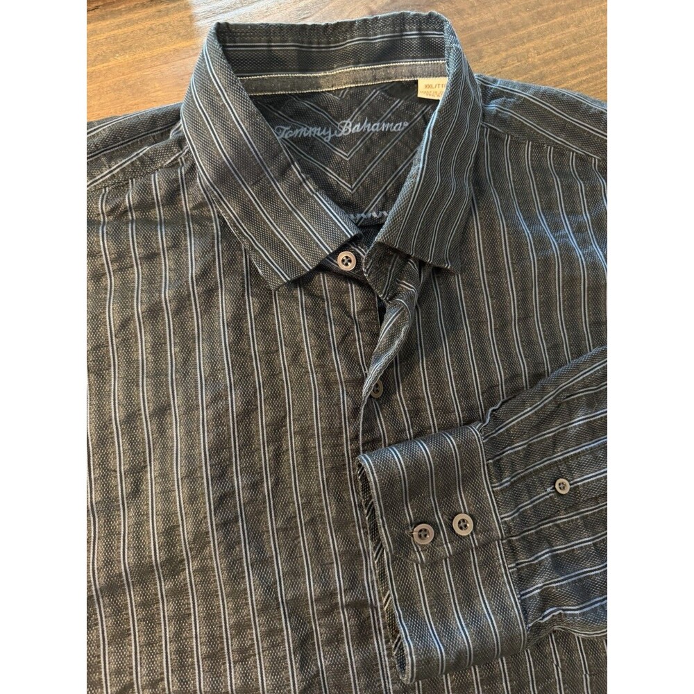 Tommy Bahama Shirt Mens 2XL Black Striped Long Sleeve Button Up Cotton Silk